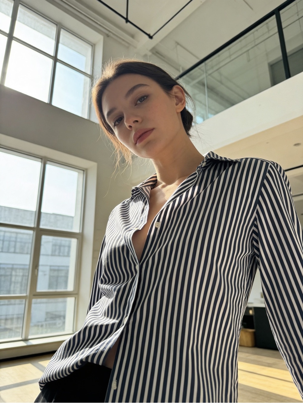 Zara Navy Blue and White Striped Button-Down Shirt